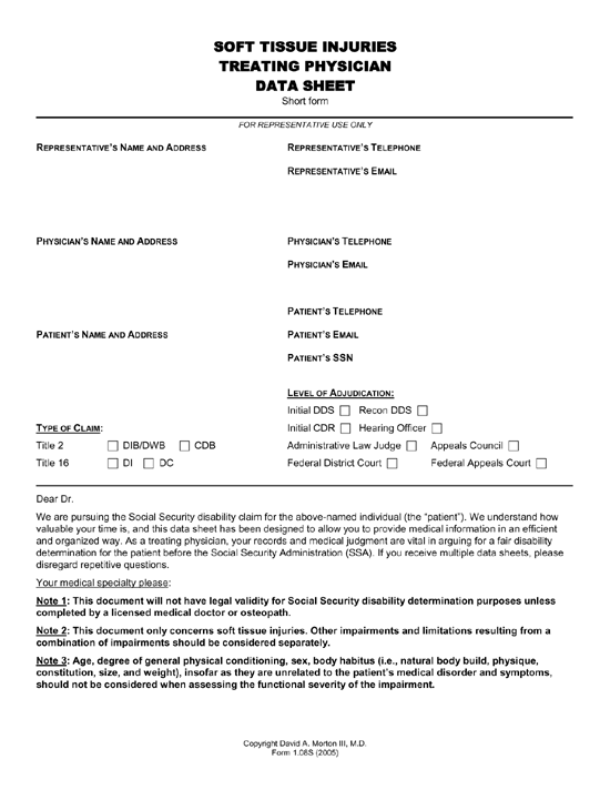 Soft Tissue Injuries Treating Physician Data Sheet