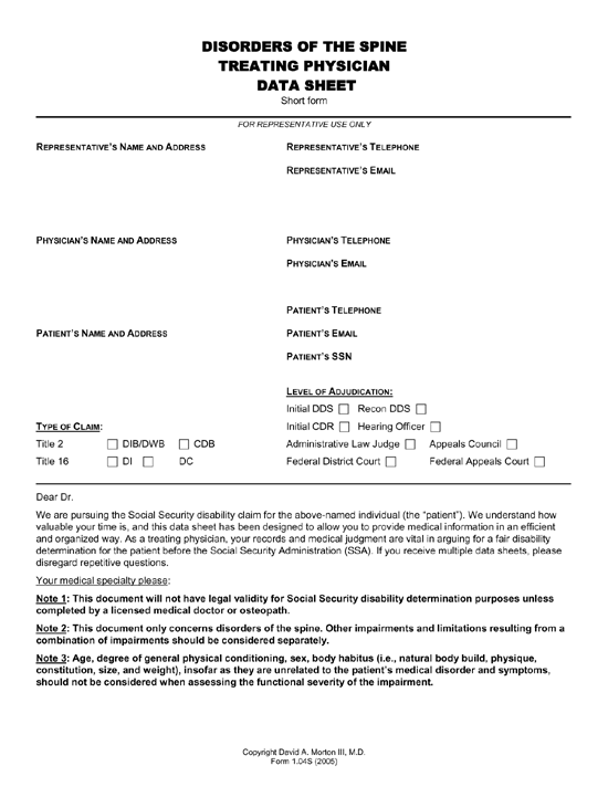 Disorders of the Spine Treating Physician Data Sheet